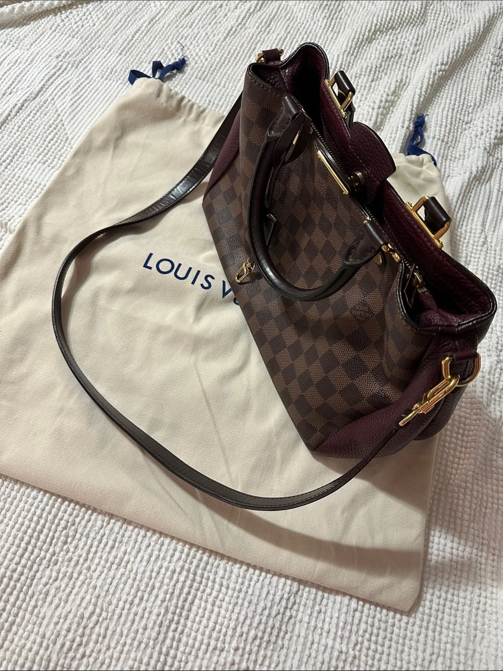Louis Vuitton Damier Ebene Satchel with Dark Brown and Burgundy Trim